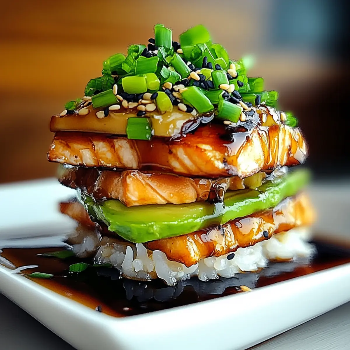 Teriyaki Salmon Avocado Rice Stack