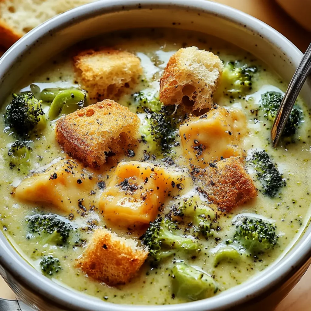 Roasted Broccoli Soup with Melted Cheddar Croutons