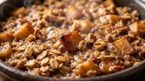 Cinnamon Apple Baked Oatmeal bubbling with caramelized apples, pecans, and maple syrup