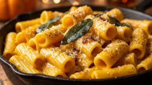 Creamy Roasted Butternut Squash Pasta with rigatoni, crispy fried sage, and parmesan