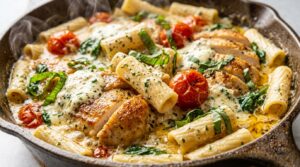 Creamy Boursin Garlic Chicken Pasta in a sizzling skillet with rigatoni, cherry tomatoes, and fresh basil