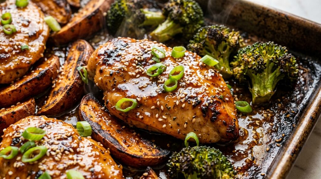 Sheet Pan Honey Garlic Chicken and Sweet Potatoes with broccoli