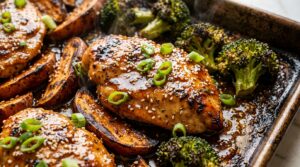 Sheet Pan Honey Garlic Chicken and Sweet Potatoes with broccoli