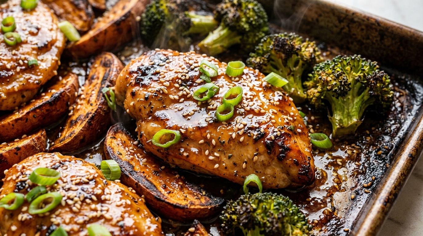 Sheet Pan Honey Garlic Chicken and Sweet Potatoes with broccoli