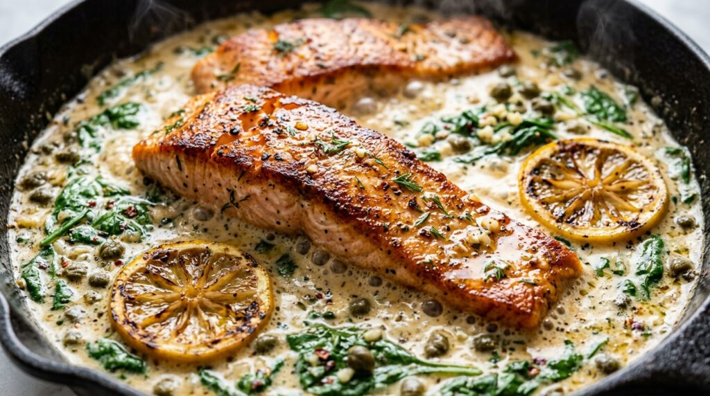 Creamy Lemon Herb Salmon Skillet simmering with baby spinach, capers, and dill