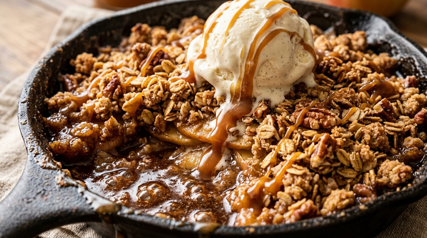 Ultra close-up macro of bubbling cast iron skillet apple crisp with golden oat streusel, melting vanilla ice cream, and salted caramel