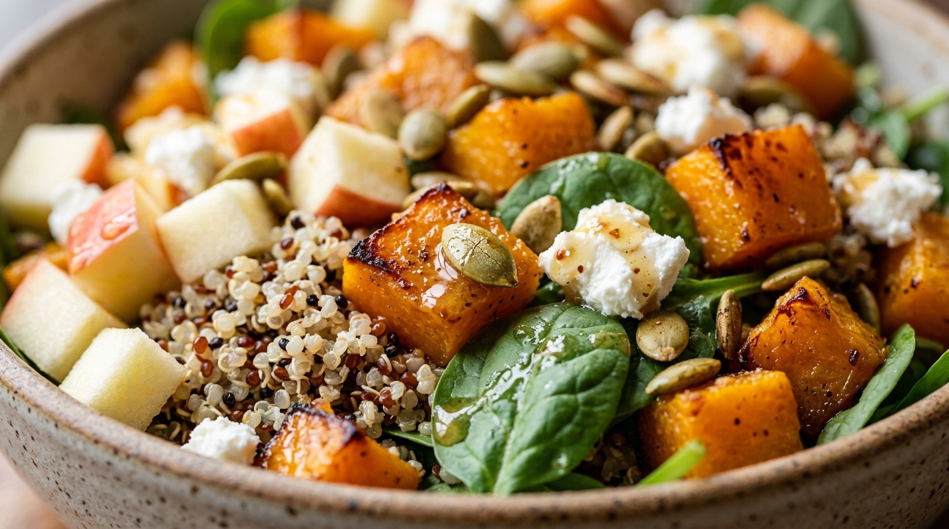 Ultra close-up macro of roasted butternut squash and apple quinoa bowl with creamy goat cheese, crunchy pecans, and maple dijon drizzle