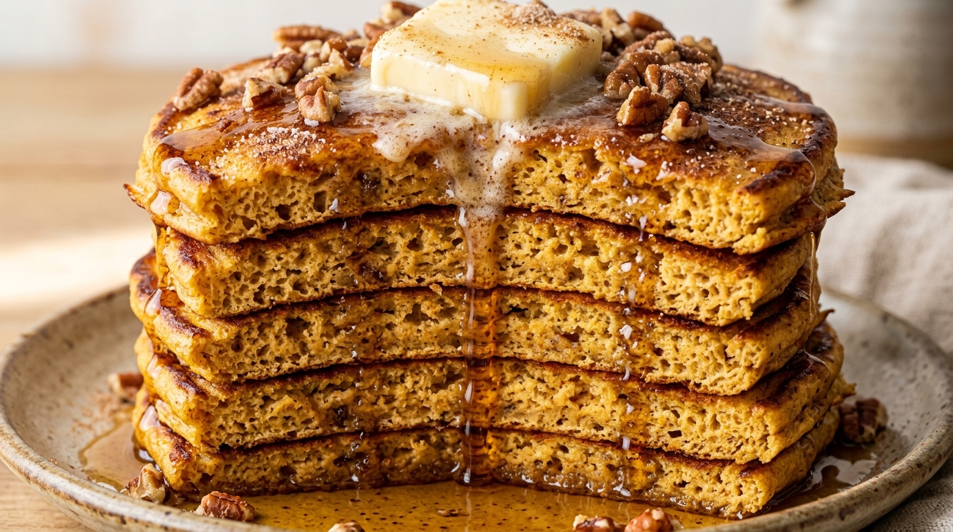 Ultra close-up macro of towering stack of fluffy pumpkin spice pancakes with melting butter, warm maple syrup, and toasted pecans