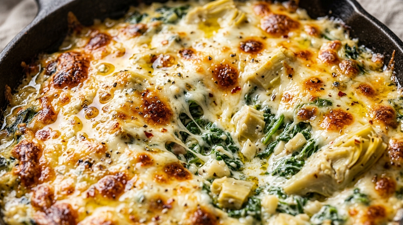 Ultra close-up macro of bubbling warm garlic herb spinach artichoke dip with melted golden mozzarella cheese pull