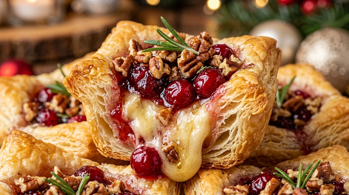 Ultra close-up macro of golden flaky cranberry pecan brie bites with melted brie cheese pull and ruby cranberry sauce