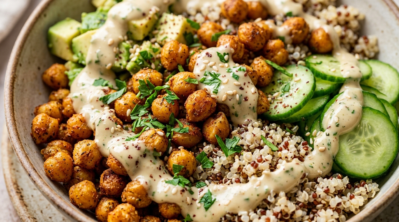 Ultra close-up macro of Mediterranean crispy spiced chickpea and quinoa bowl with avocado, cucumber, and creamy lemon tahini drizzle