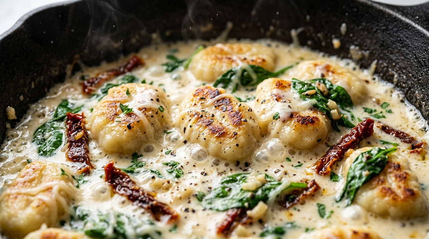 Ultra close-up macro of bubbling creamy garlic parmesan gnocchi with pillowy golden dumplings, sun-dried tomatoes, and baby spinach