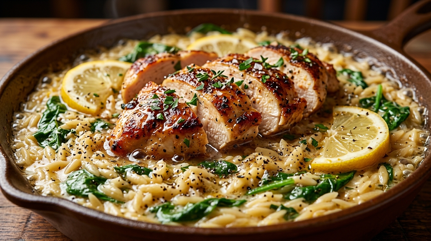 Ultra close-up macro of One-Pot Creamy Lemon Garlic Chicken & Orzo Skillet with sliced golden seared chicken cutlet, bubbling parmesan cream, and fresh spinach