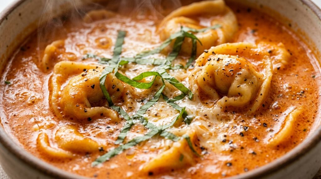 Creamy Tomato Basil Tortellini Soup bubbling with four-cheese tortellini and parmesan