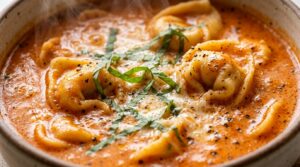 Creamy Tomato Basil Tortellini Soup bubbling with four-cheese tortellini and parmesan