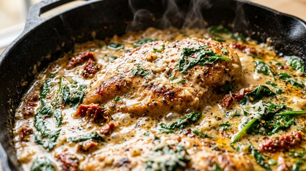 Creamy Tuscan Garlic Chicken in a rustic cast iron skillet with sun-dried tomatoes and baby spinach