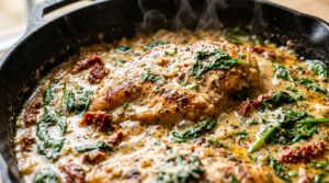 Creamy Tuscan Garlic Chicken in a rustic cast iron skillet with sun-dried tomatoes and baby spinach
