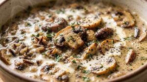 Creamy Autumn Wild Rice and Mushroom Soup simmering with cremini mushrooms and fresh thyme