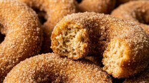 Ultra close-up macro of warm baked apple cider donuts coated in shimmering cinnamon sugar