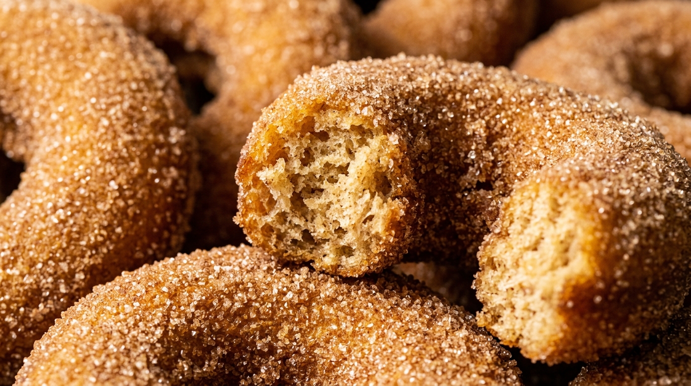 Ultra close-up macro of warm baked apple cider donuts coated in shimmering cinnamon sugar