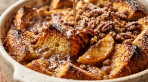 Ultra close-up macro of bubbling golden baked apple french toast casserole with caramelized apples and pecans