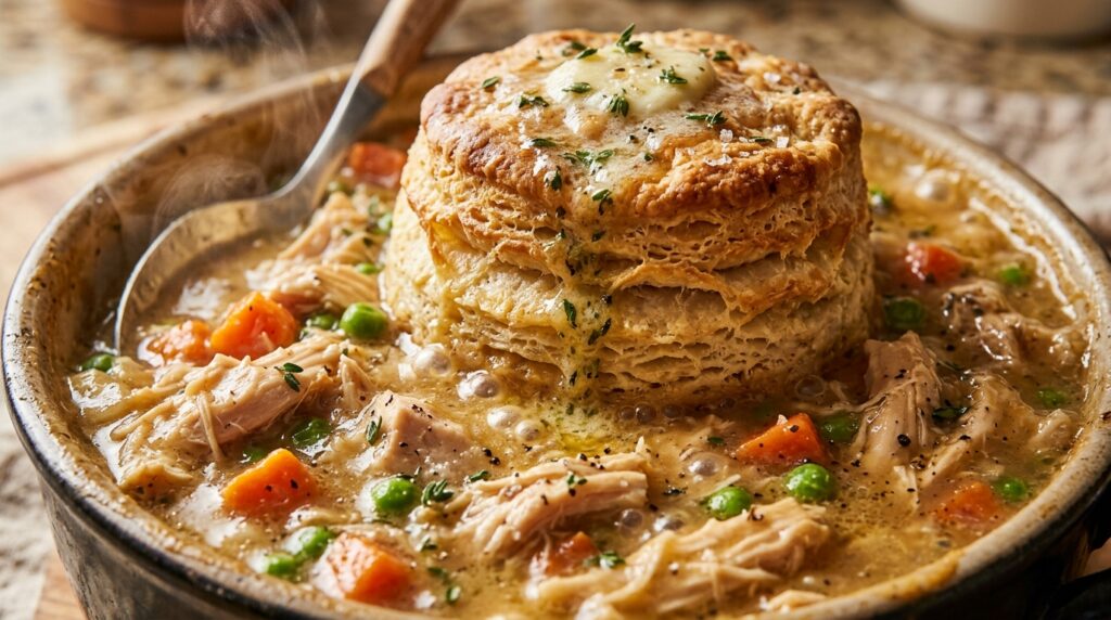 Ultra close-up macro of bubbling creamy chicken pot pie soup garnished with fresh parsley