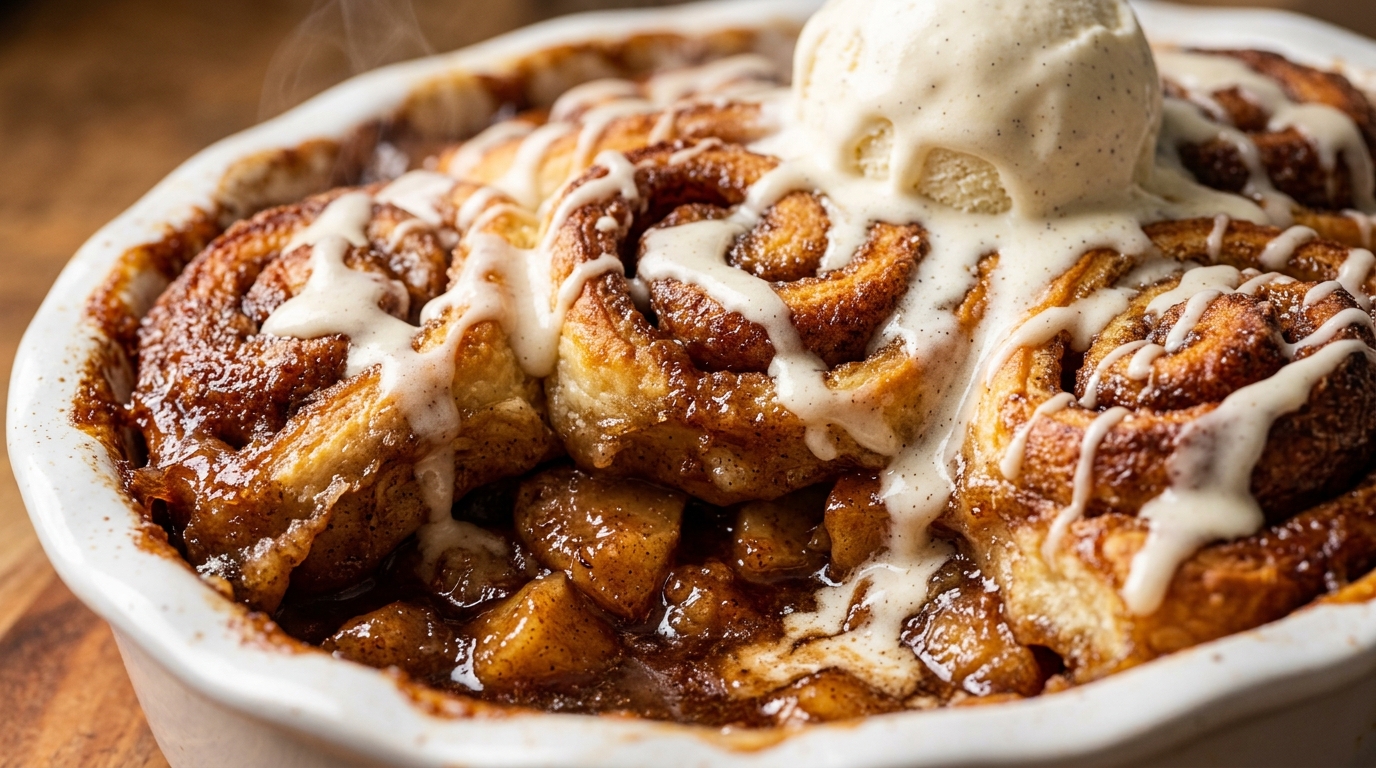 Ultra close-up macro view of gooey cinnamon roll apple cobbler bubbling with warm spiced apple filling and melting vanilla bean ice cream