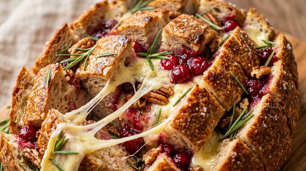 Ultra close-up macro view of warm crusty sourdough pull-apart bread scored in diamond pattern bursting with melted brie cheese, sweet tart cranberry sauce, and toasted pecans