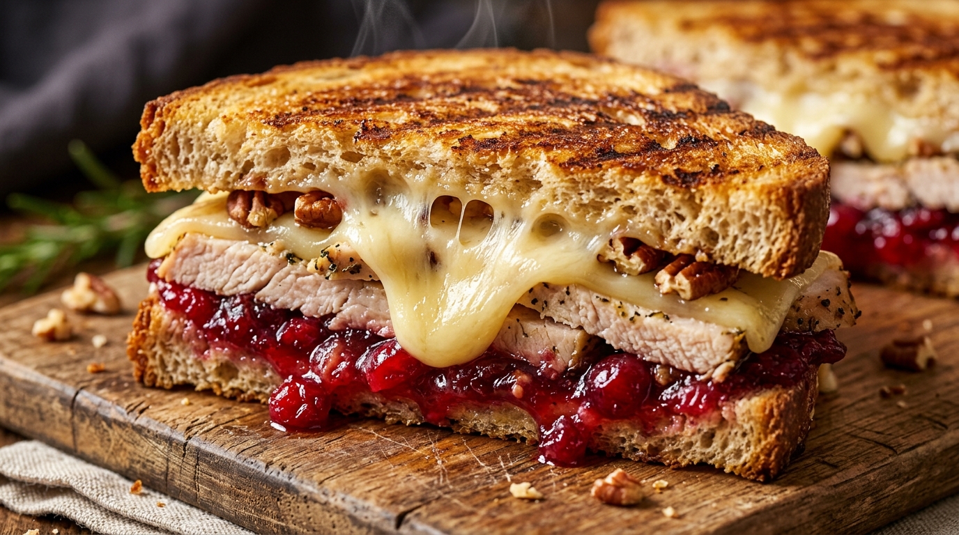 Ultra close-up macro view of warm grilled cranberry pecan turkey melt on butter-toasted sourdough sliced diagonally with melted Havarti cheese, roasted turkey, and ruby cranberry sauce