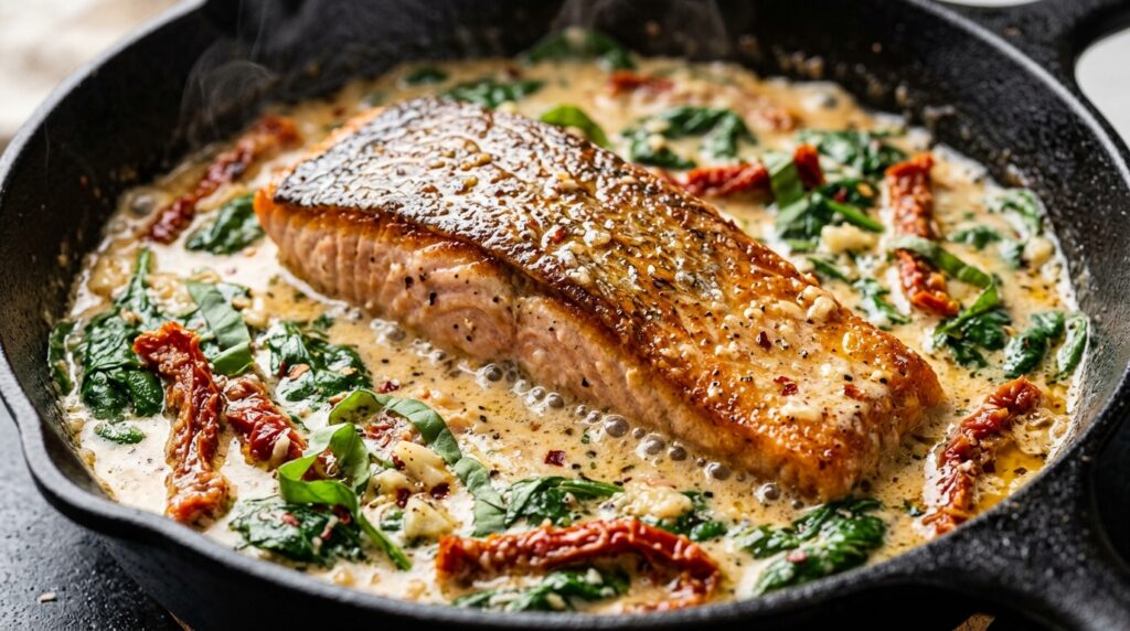Ultra close-up macro view of creamy Tuscan salmon fillet glistening in rich garlic parmesan cream sauce with sun-dried tomatoes and baby spinach in cast iron skillet