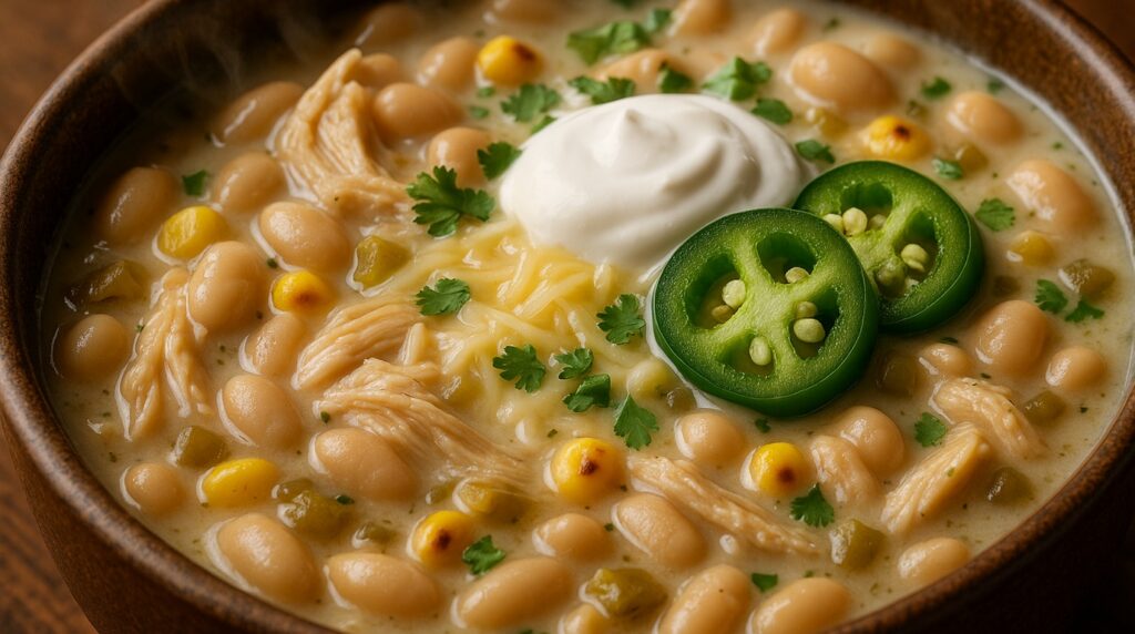 Ultra close-up macro of creamy white chicken chili simmering in pot with tender shredded chicken, white cannellini beans, and sweet corn
