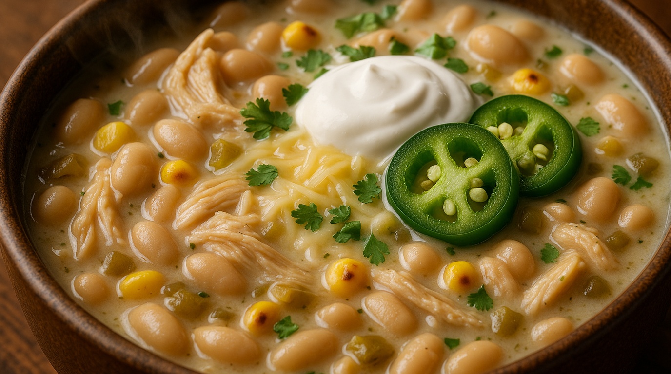 Ultra close-up macro of creamy white chicken chili simmering in Dutch oven with tender shredded chicken, white cannellini beans, and sweet corn