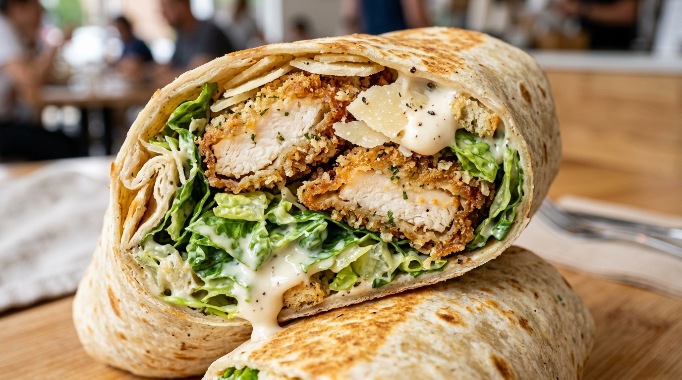 Ultra close-up macro of sliced crispy chicken caesar wrap showing golden breaded chicken tenders, crunchy romaine lettuce, parmesan shavings, and creamy caesar dressing