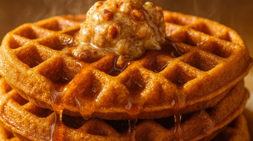 Ultra close-up macro of golden crisp Belgian pumpkin waffles steaming on waffle iron with deep pockets and warm cinnamon aroma