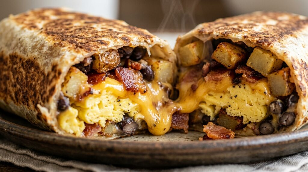 Ultra close-up macro cross section of toasted breakfast burrito with melted cheddar, scrambled eggs, crispy bacon, and roasted potatoes