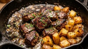 Ultra close-up macro of sizzling tender garlic butter steak bites in cast iron skillet with foaming herb butter