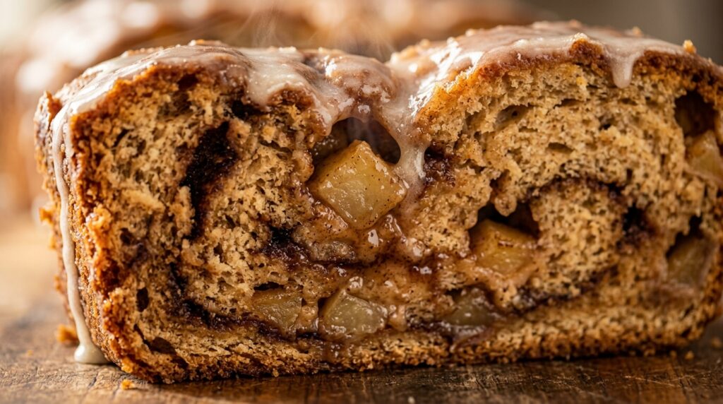 Ultra close-up macro cross-section of glazed apple fritter bread with cinnamon swirls, tender caramelized apple chunks, and vanilla icing drip
