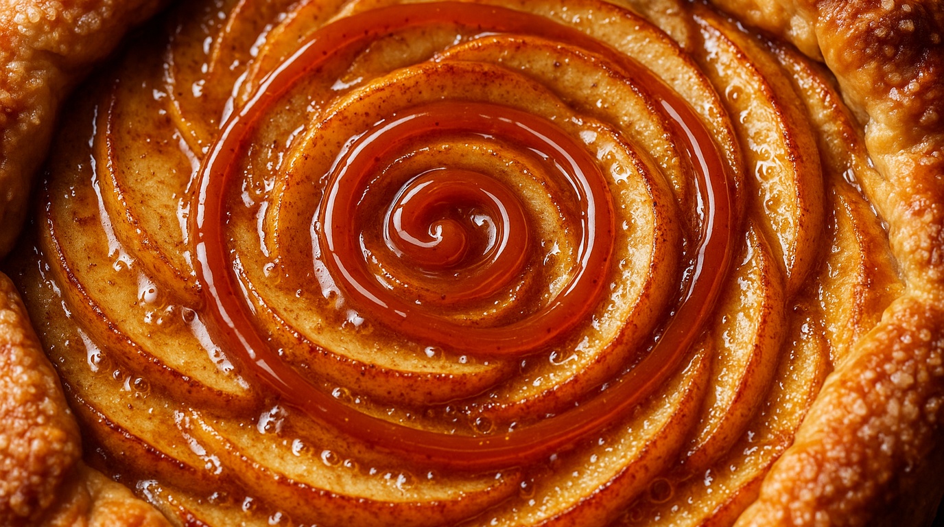 Ultra close-up macro of golden flaky rustic apple galette bubbling with spiced caramelized cinnamon apples and crystal coarse sugar on pastry edges