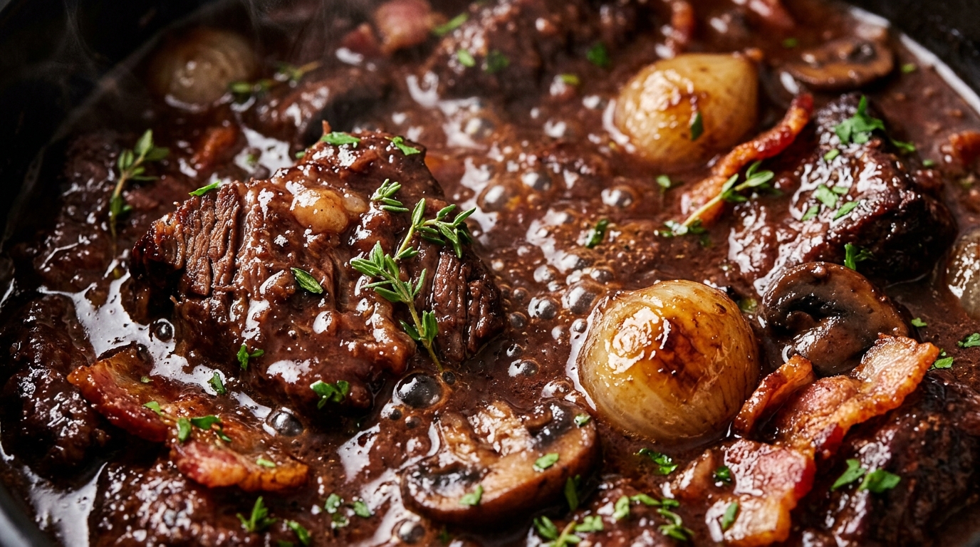 Ultra close-up macro view of slow cooker beef bourguignon with tender beef chunks, pearl onions, and savory mushrooms in rich red wine gravy