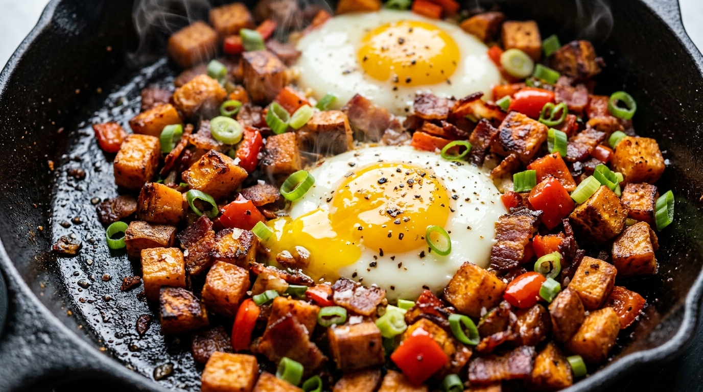 Ultra close-up macro of sizzling sweet potato breakfast hash with crispy bacon, caramelized peppers, and sunny-side up runny eggs in cast iron skillet
