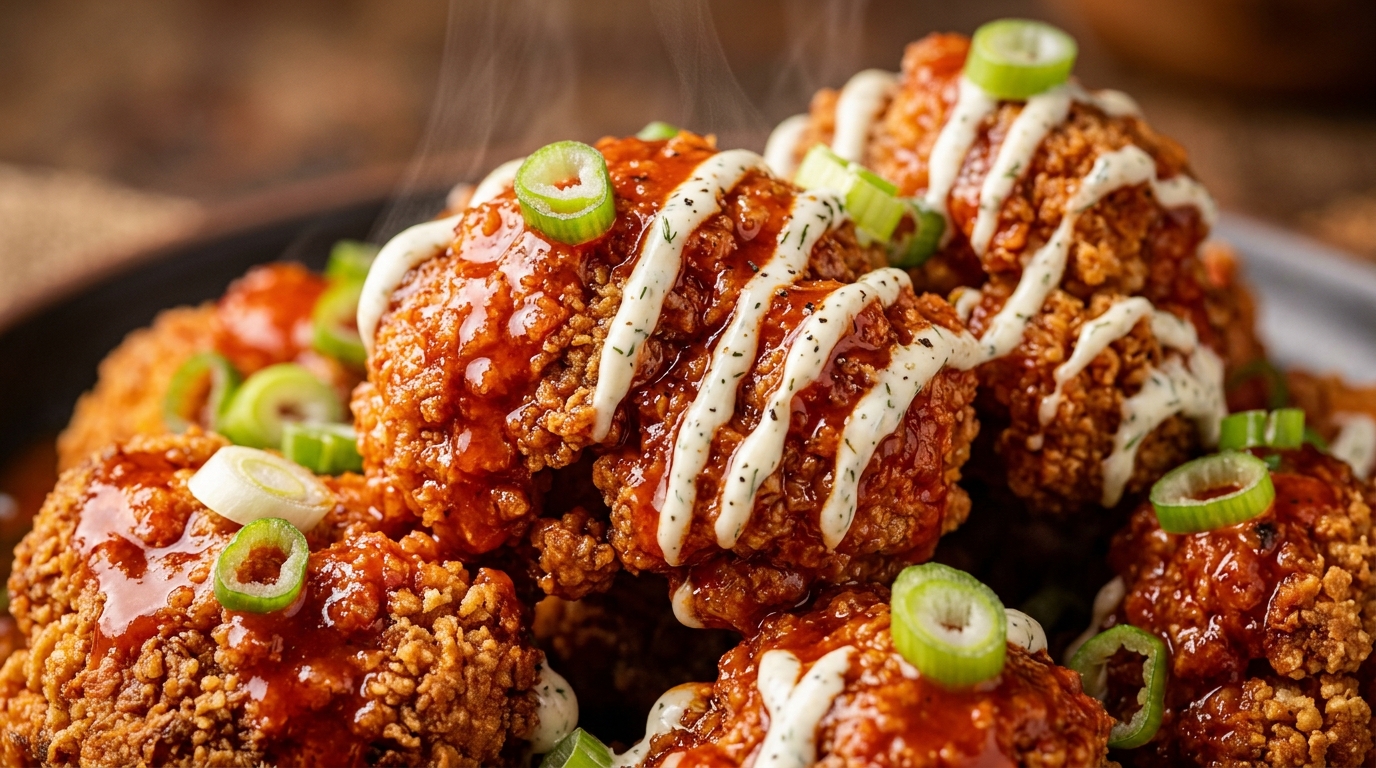 Ultra close-up macro of ultra-crispy baked buffalo cauliflower wings glazed in fiery buffalo sauce with creamy ranch drizzle and chives