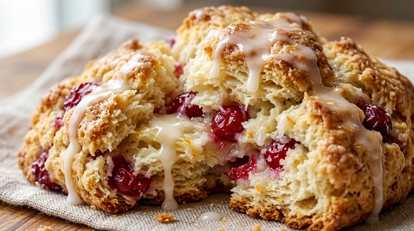 Ultra close-up macro of flaky bakery-style cranberry orange scones broken open showing tender layers with citrus glaze drizzle