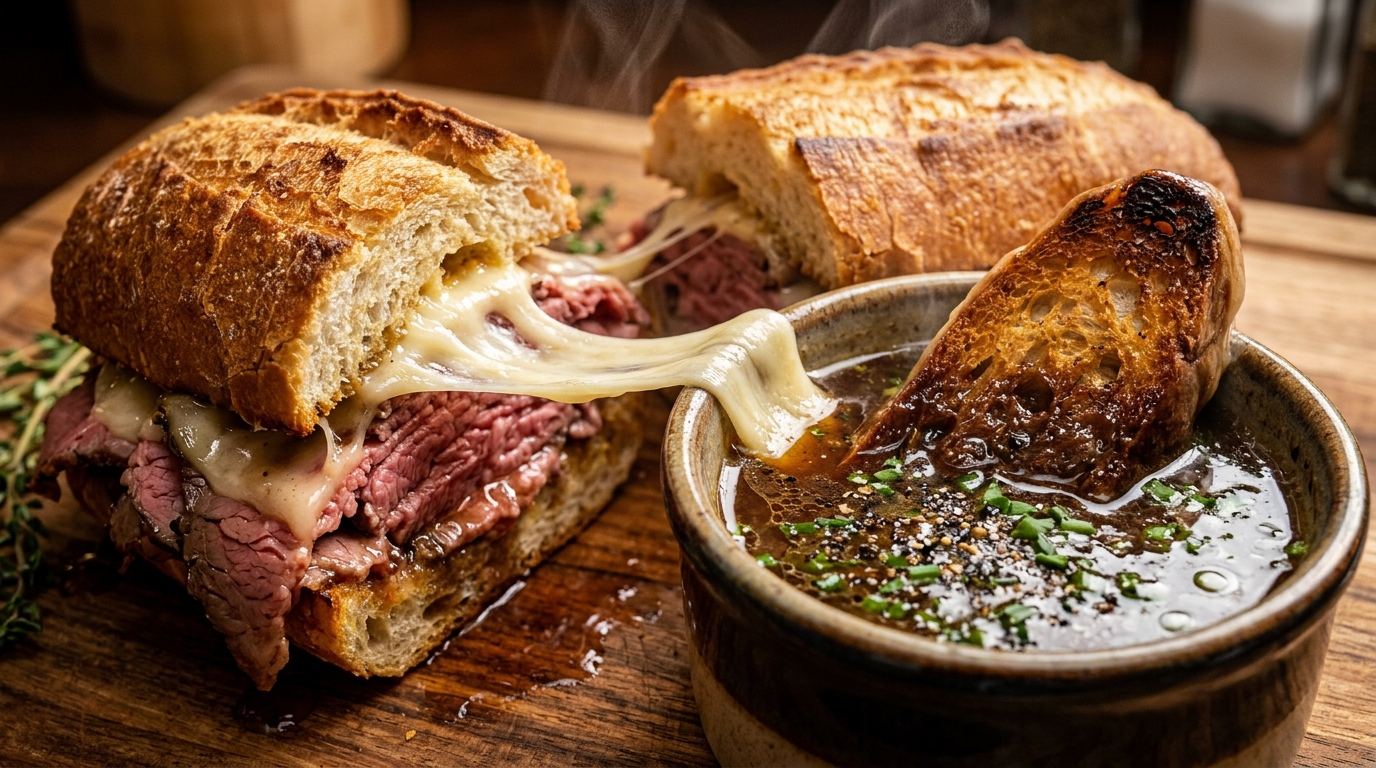 Ultra close-up macro of toasted French dip sandwich with melted provolone cheese pull dipping into steaming beef au jus