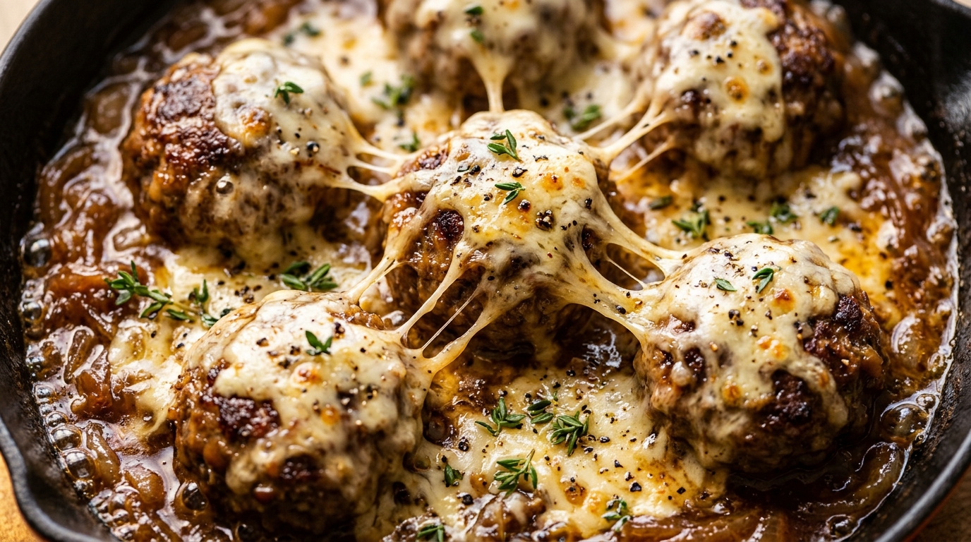 Ultra close-up macro of tender French onion meatballs simmering in bubbling caramelized onion gravy with melted Gruyère cheese