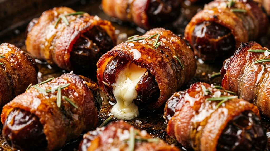 Ultra close-up macro of sizzling crispy bacon wrapped dates with melted goat cheese and honey drizzle