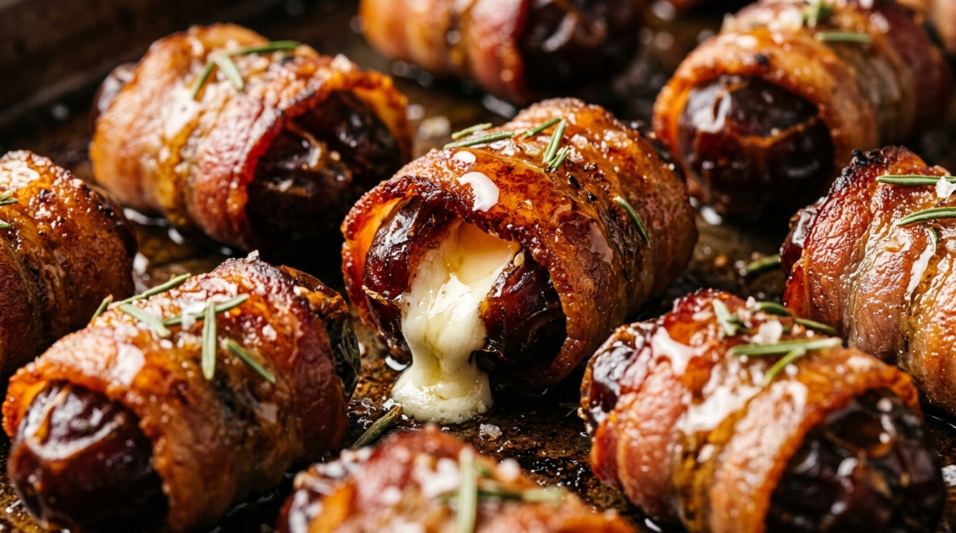 Ultra close-up macro of sizzling crispy bacon wrapped dates with melted goat cheese and honey drizzle