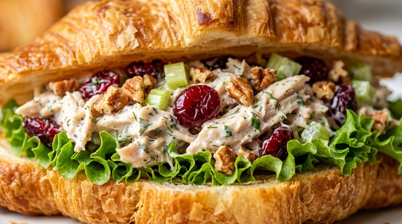 Ultra close-up macro of flaky butter croissant stuffed with creamy cranberry pecan chicken salad