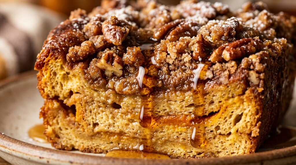 Ultra close-up macro of baked pumpkin French toast casserole with dripping maple syrup and pecan streusel