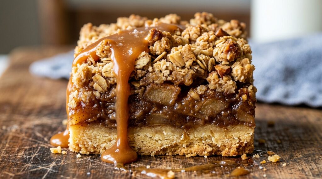 Ultra close-up macro of salted caramel apple pie bar slice with dripping golden caramel and oat streusel
