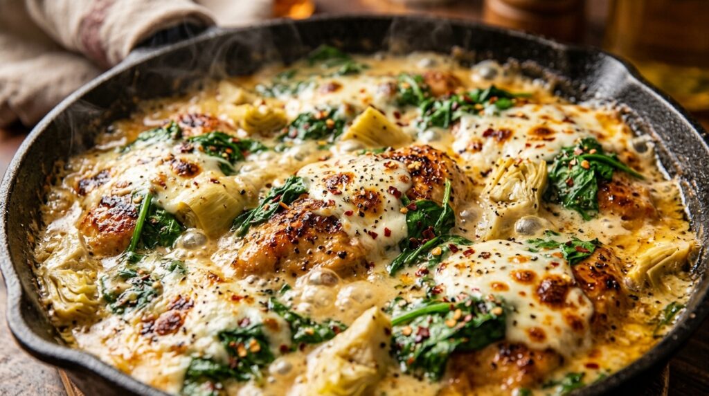 Ultra close-up macro of bubbling creamy spinach artichoke chicken in a cast iron skillet